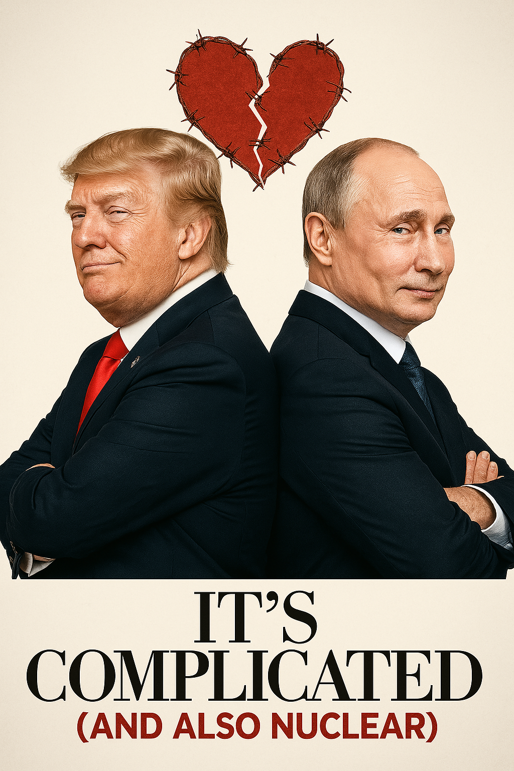 Fake rom-com poster of Putin and Trump with barbed wire heart — parody of their authoritarian alliance