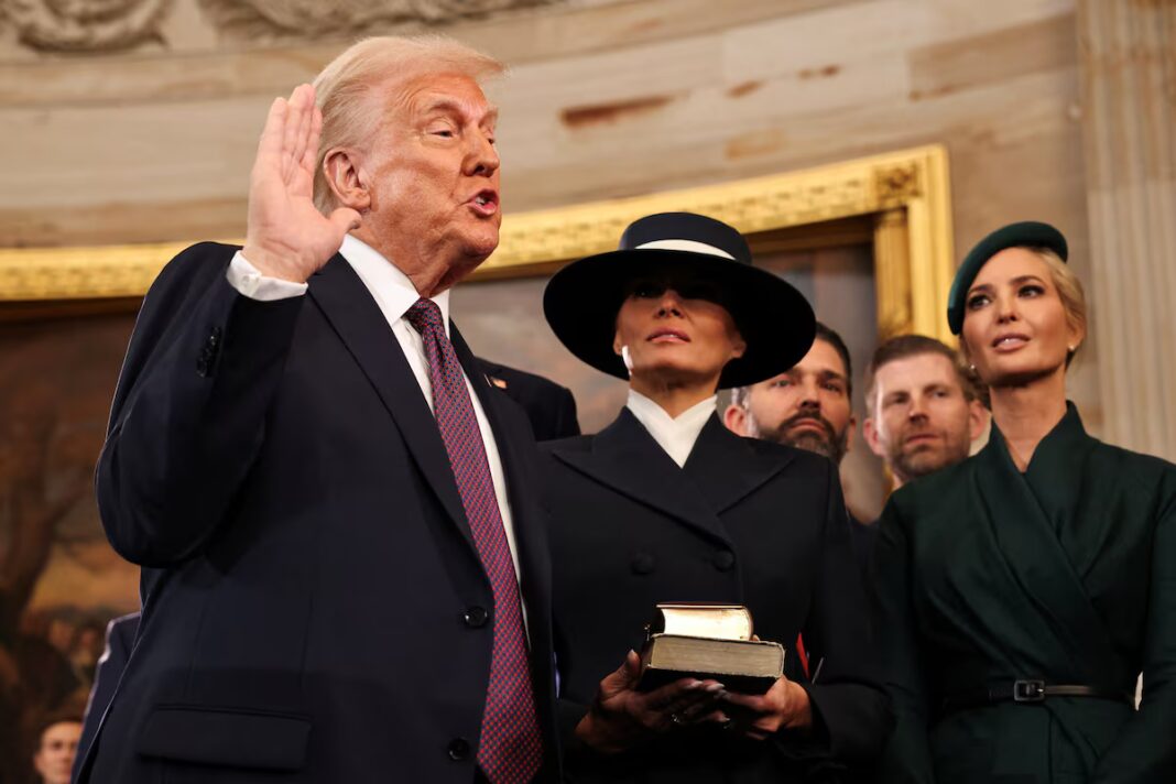 Trump saluting with faded flag in background — commentary on cult of personality and American decline