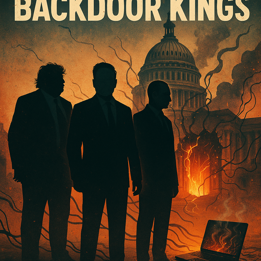 Shadowy figures resembling Musk, Trump, and Putin stand before a collapsing Capitol building, with a melted laptop leaking data in the corner, symbolizing corruption and breach.