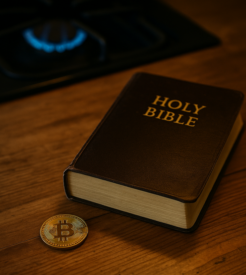A worn kitchen table with a Bible, a shiny golden Bitcoin coin, and a gas stove burner flickering in the background.