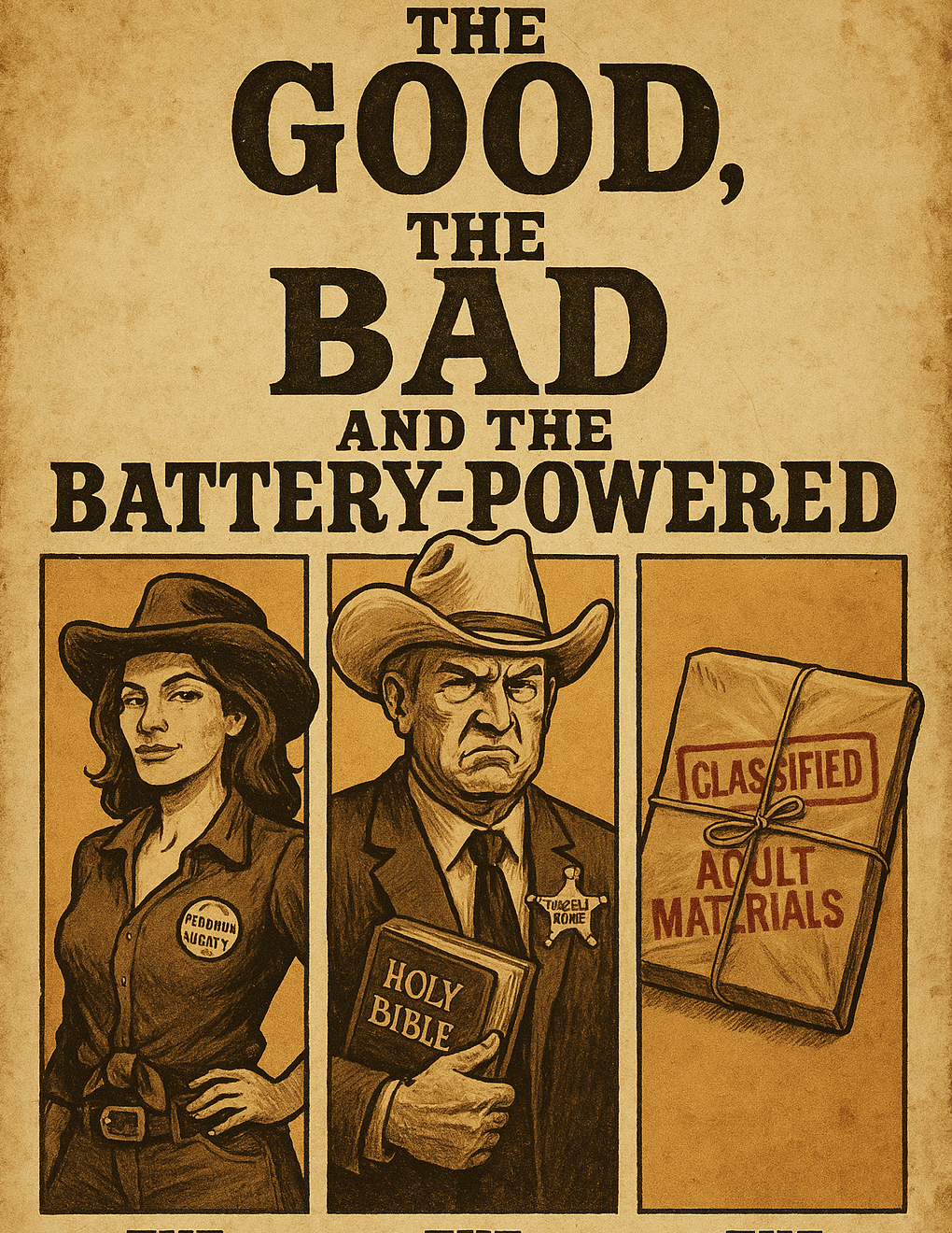 Western-style parody poster — satire on political polarization and tribal warfare in the U.S.