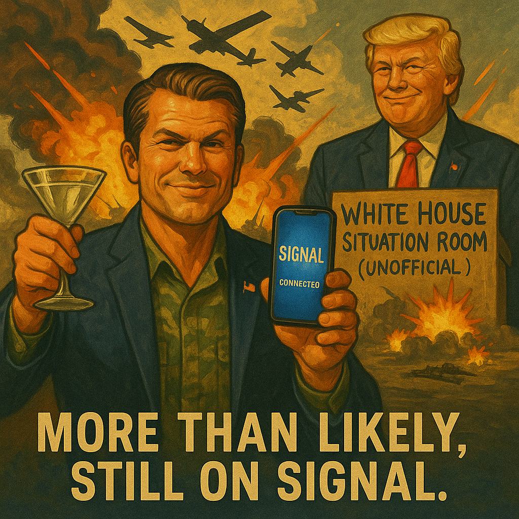 Pete Hegseth Still on Signal – Satirical Illustration