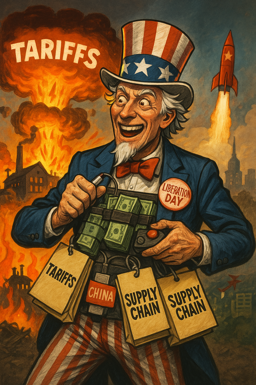 Dark satire: politician in suicide vest labeled 'TARIFFS' — economic self-destruction visual