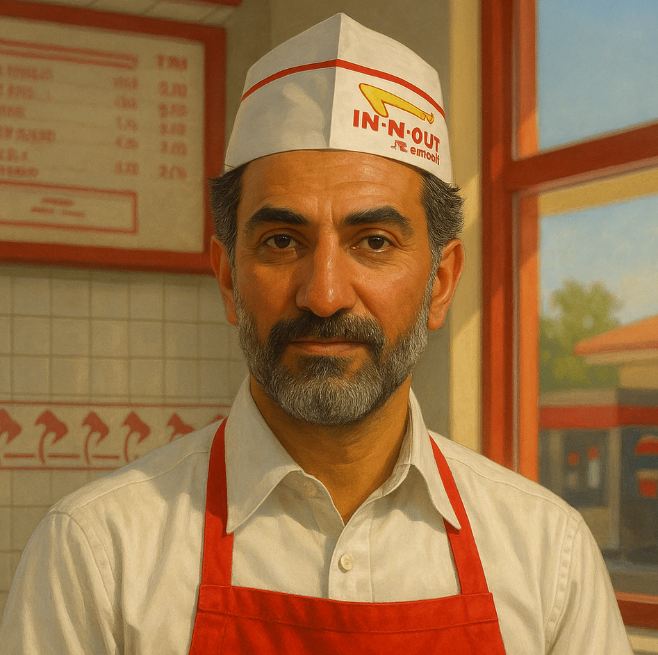 A realistic portrait of a Middle Eastern man in his early 50s, resembling Yasir Al-Rumayyan, dressed in an In-N-Out Burger uniform with a red apron and white paper hat, standing confidently in a brightly lit fast food setting.