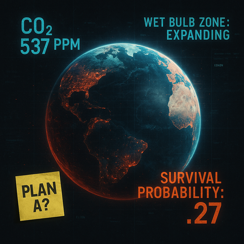 A glowing wireframe Earth floats in a dark void, overlaid with artificial intelligence interface data and survival probability warnings.