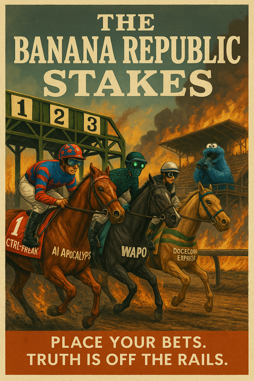 Satirical Kentucky Derby poster with MAGA-jockeys, flaming racetrack, and horses named Ctrl-Freak, AI Apocalypse, and WaPo, under the banner “The Banana Republic Stakes”
