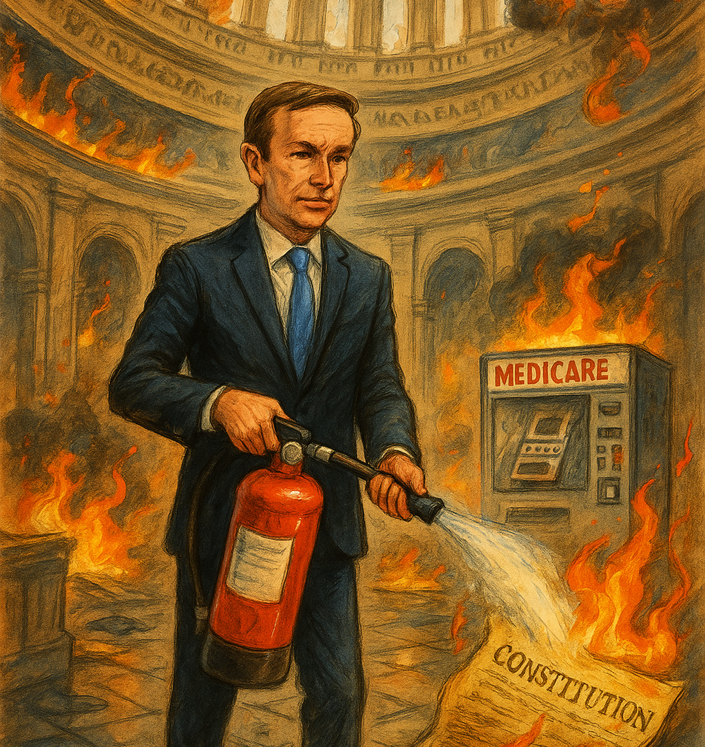 Illustration of Senator Chris Murphy actively spraying a fire extinguisher at a flaming Constitution inside the Capitol rotunda, symbolizing political crisis and calm leadership.