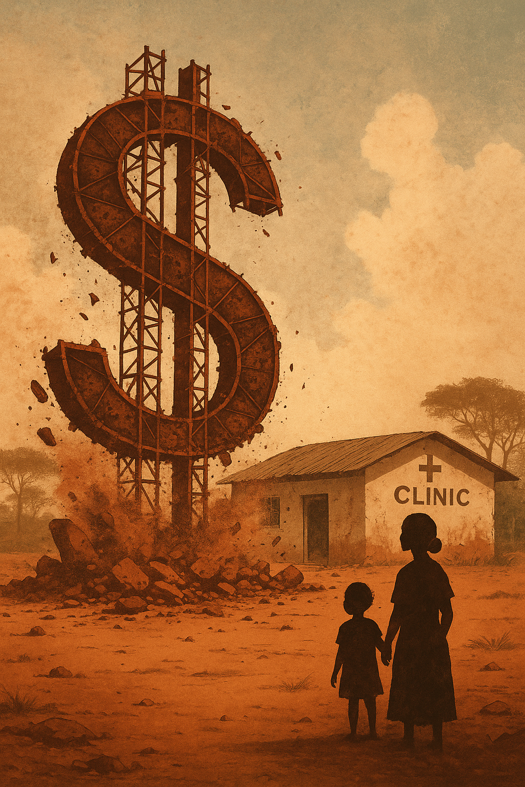 A giant, rusted dollar sign made of scaffolding collapsing in front of a rural clinic in Africa as dust and debris fill the air.