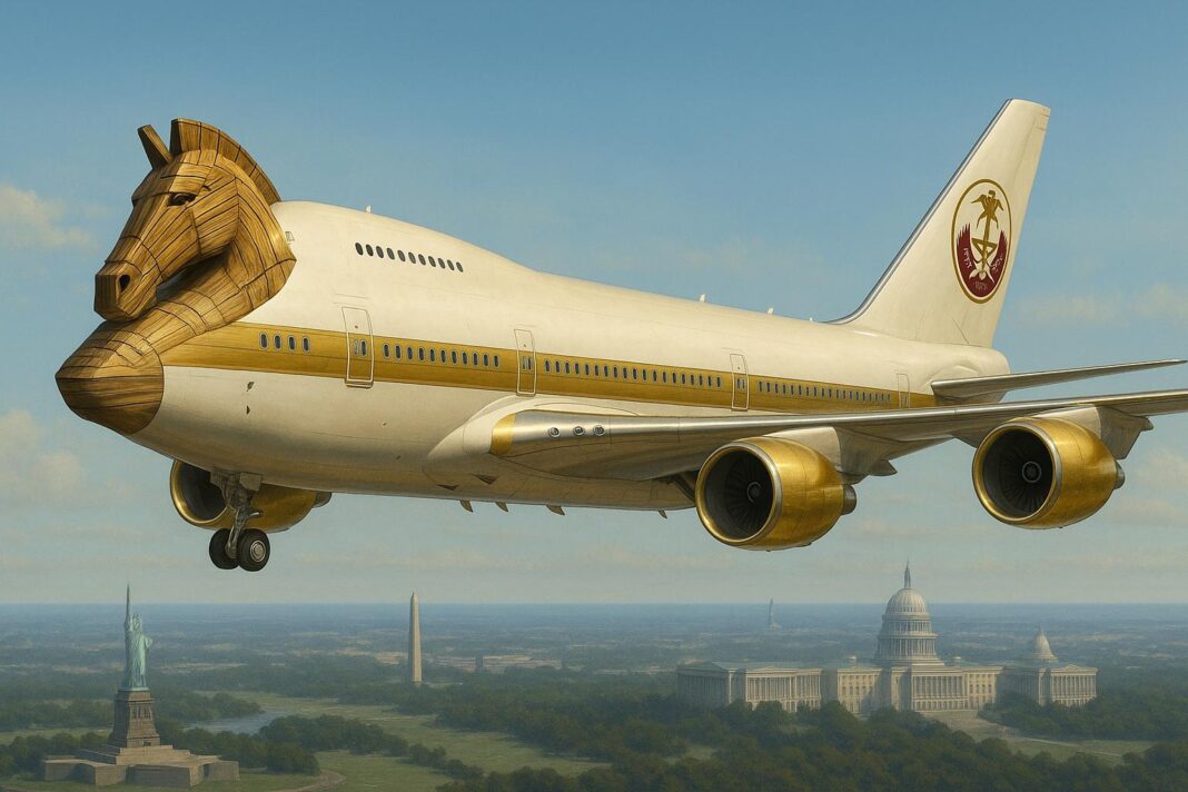 A hyper-realistic Boeing 747-8 with gold accents and a cockpit shaped like a wooden Trojan horse flies above American landmarks, including the Statue of Liberty, Washington Monument, and Capitol Building, with the Qatari royal emblem on its tail.