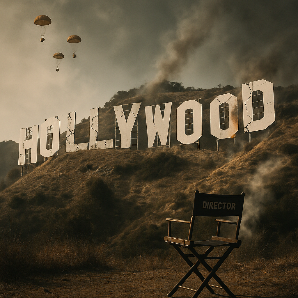 Cracked Hollywood sign with smoke rising behind it on a cloudy day; the landscape is desaturated and bleak, symbolizing industry decline.