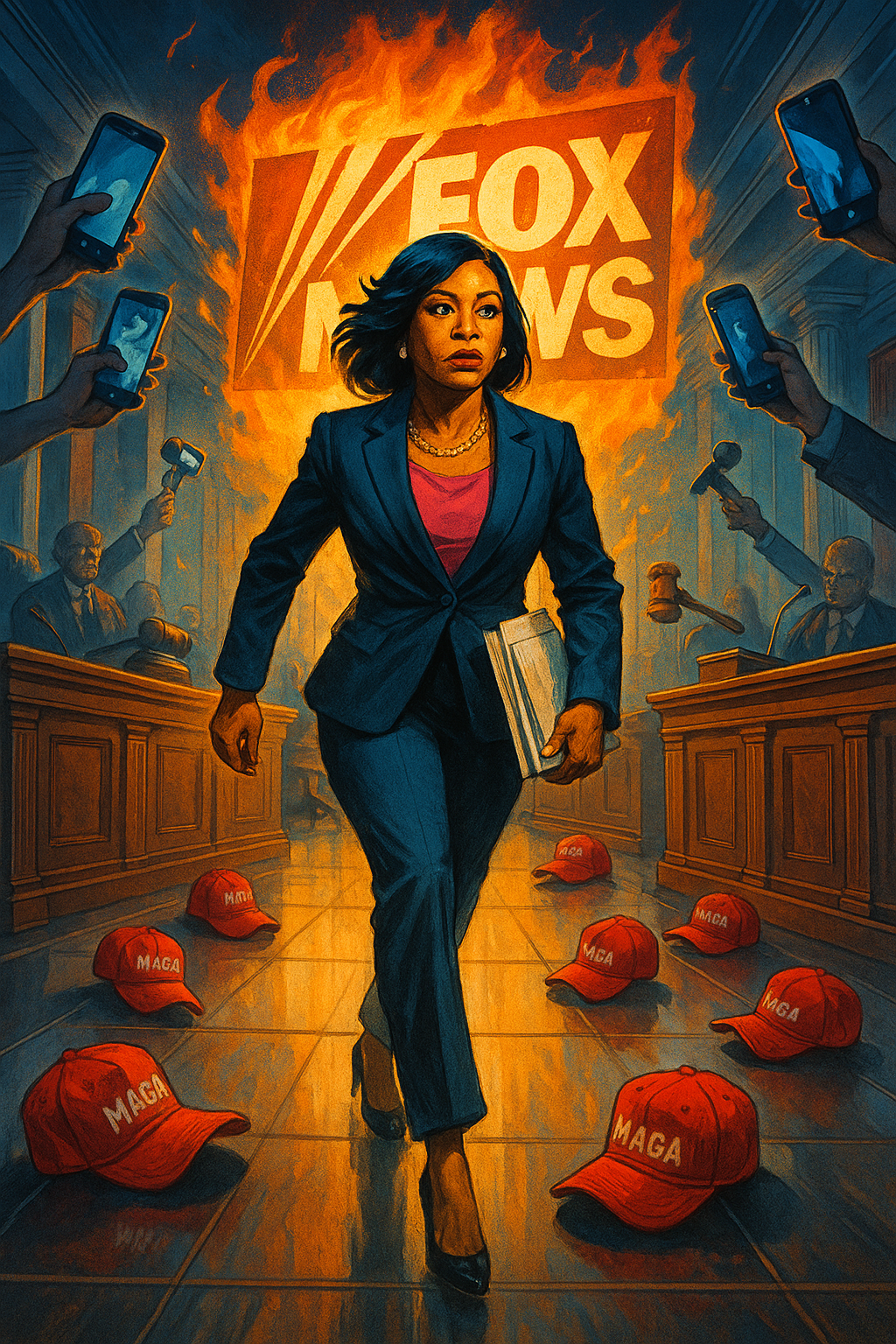 Illustration of Rep. Jasmine Crockett striding through a surreal courtroom with phones floating like drones, MAGA hats on the floor, and Fox News headlines burning in the background.