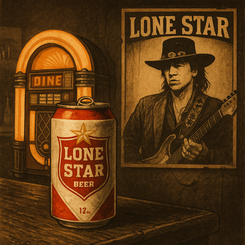 Black and white illustration of Stevie Ray Vaughan performing, with a Lone Star beer can in the background beside a broken jukebox.