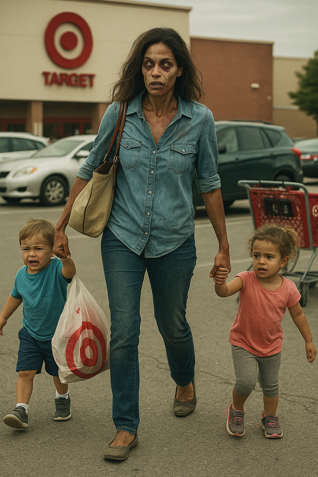 A tall Puerto Rican woman with a zombified expression drags two toddlers across a Target parking lot, under a pale sky.