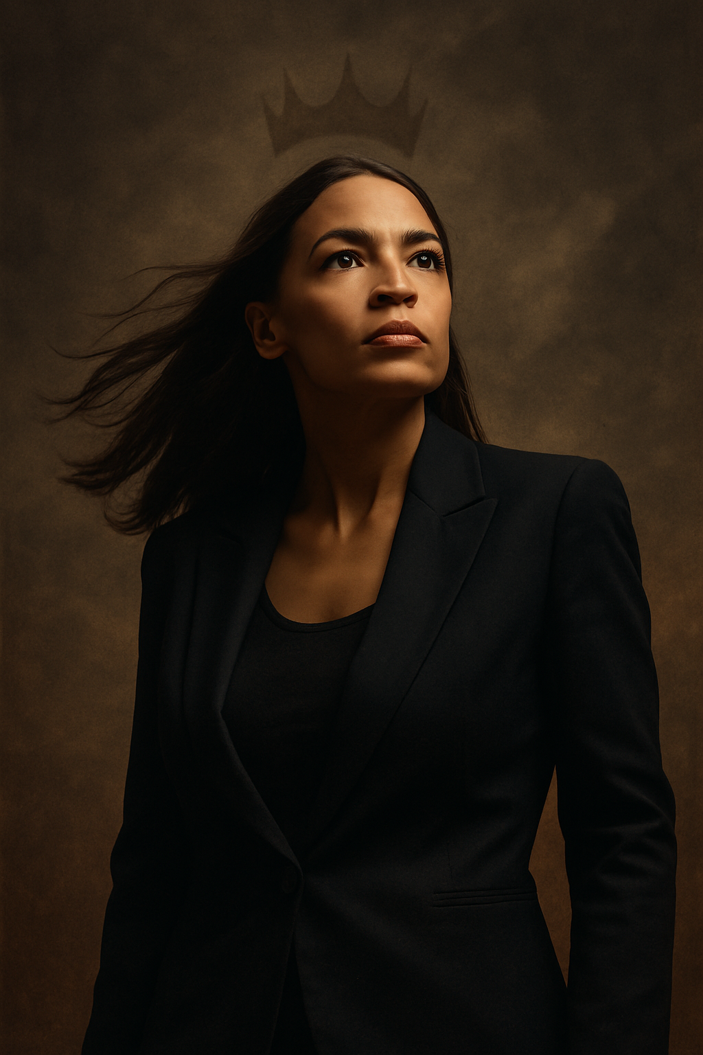 A stylized portrait of Alexandria Ocasio-Cortez, standing in dramatic light with a faint crown-shaped shadow behind her.