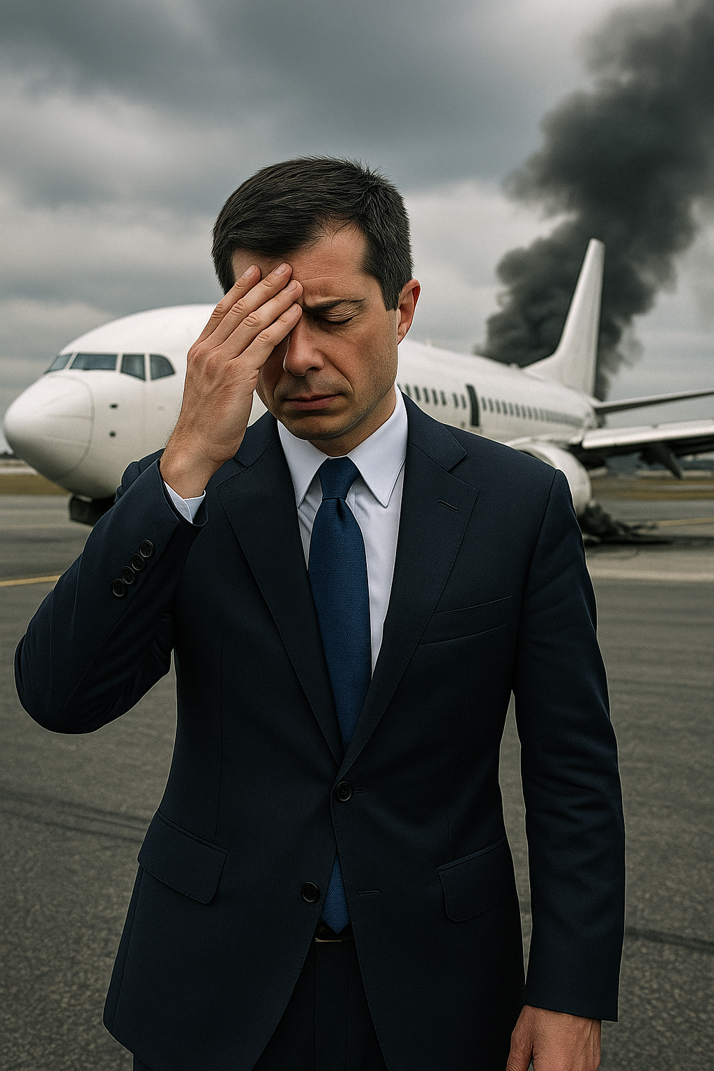 Pete Buttigieg stands on a tarmac beside a crashed airliner, one hand on his forehead in disbelief, exuding quiet frustration.