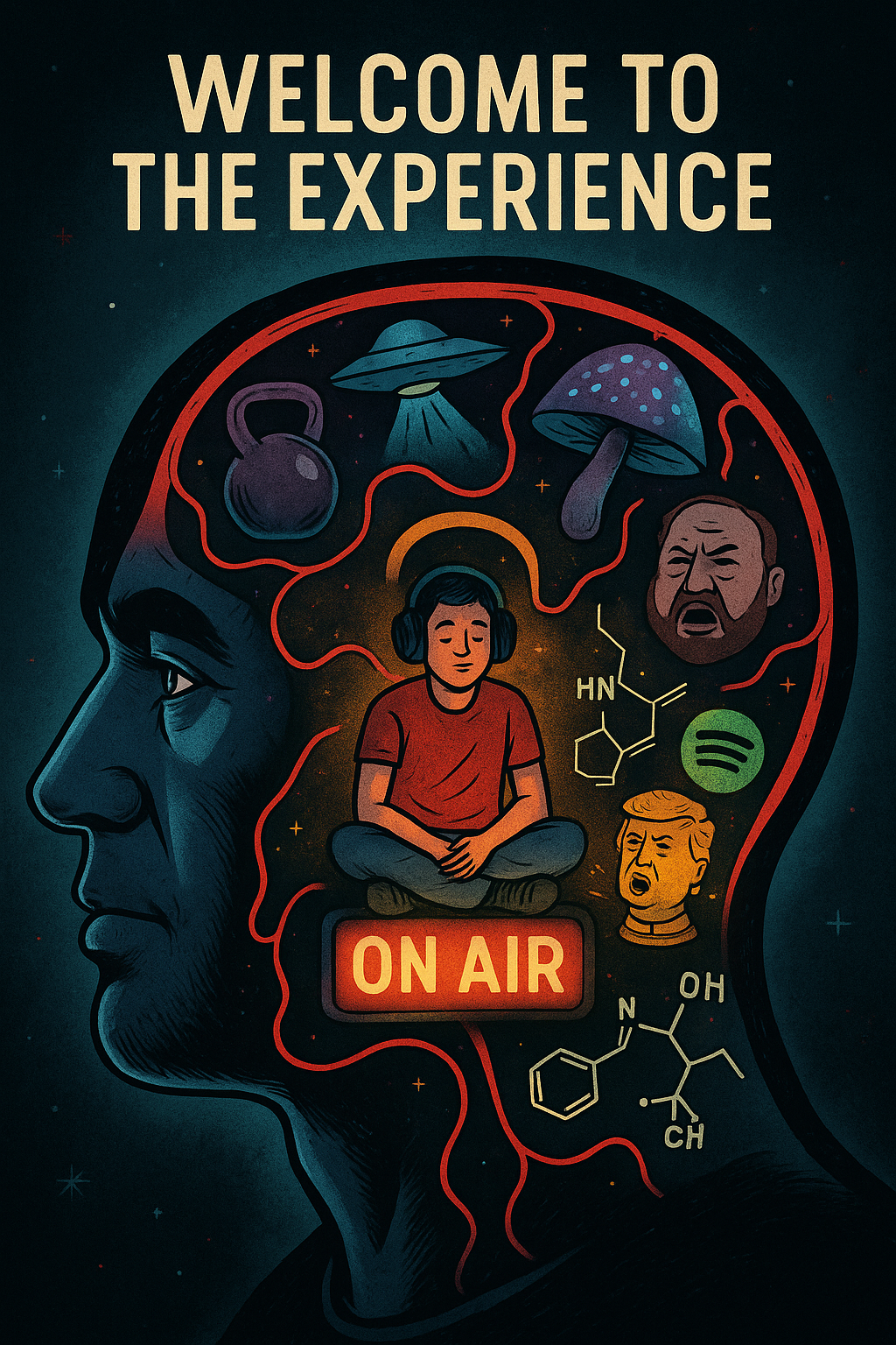Surreal X-ray of Joe Rogan’s head filled with conspiracy icons, podcast symbols, and a meditating listener under an “ON AIR” sign.