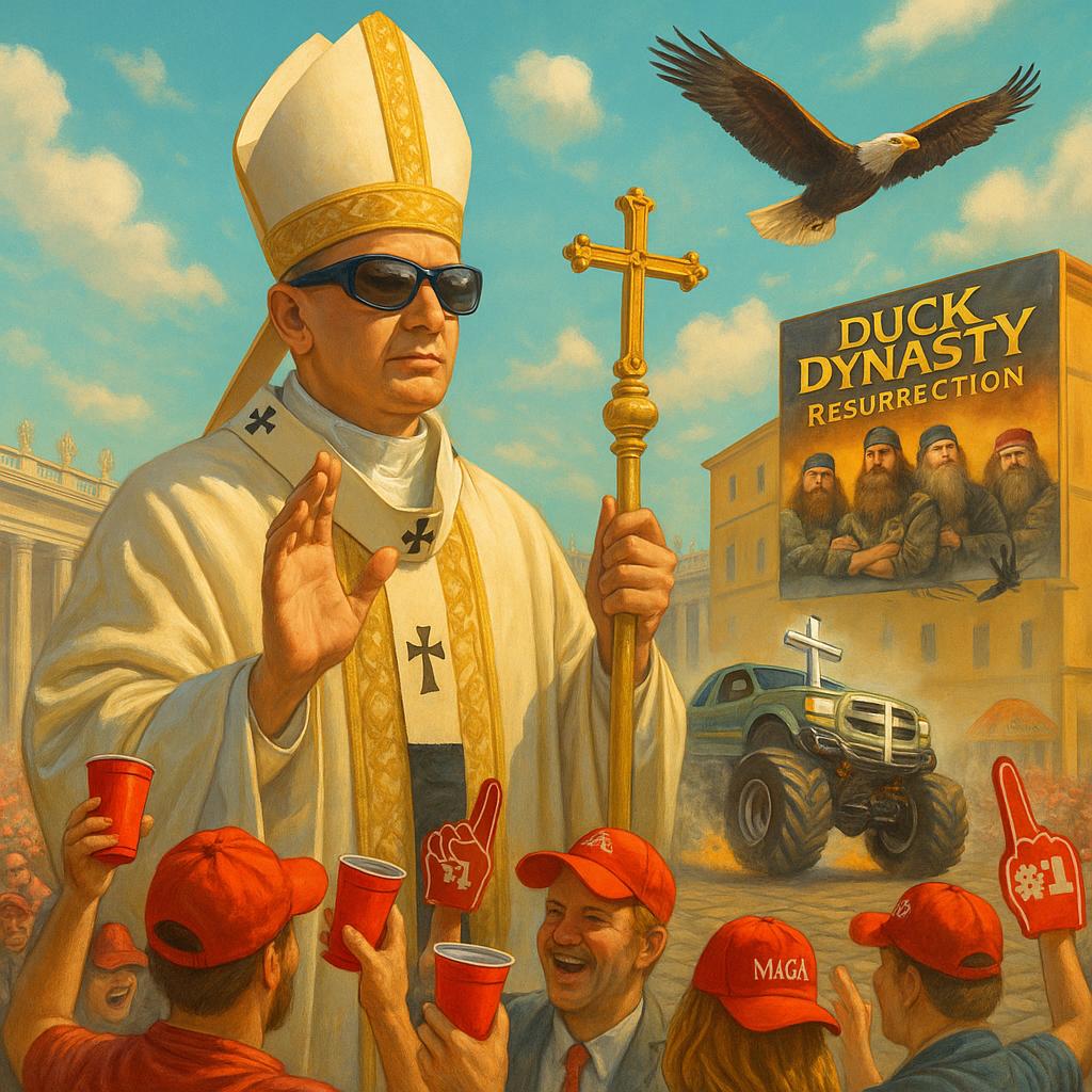 Surreal illustration of Pope Leo XIV blessing a crowd of American tailgaters with red Solo cups, monster trucks, and a flying bald eagle in St. Peter’s Square.