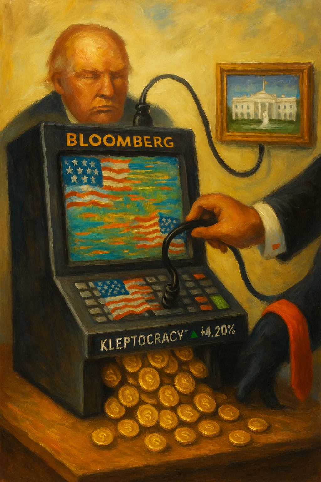 A surreal oil painting of Donald Trump connected to a Bloomberg terminal labeled “KLEPTOCRACY +4.20%,” with gold coins spilling out and a distorted American flag on the screen.
