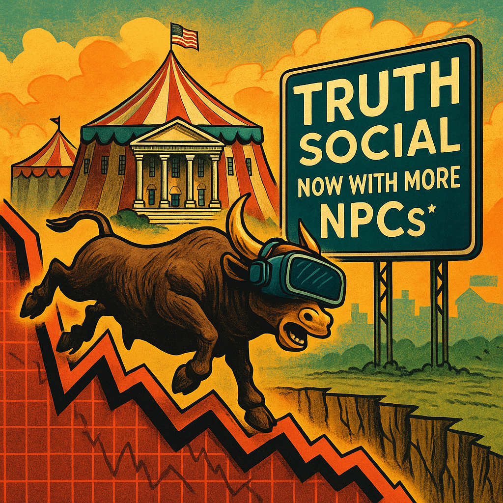 Surreal editorial illustration of a Wall Street bull wearing a VR headset stumbling off a cliff made of downward-trending stock charts, with a circus tent resembling the White House and a billboard that reads “TRUTH SOCIAL – NOW WITH MORE NPCs.”