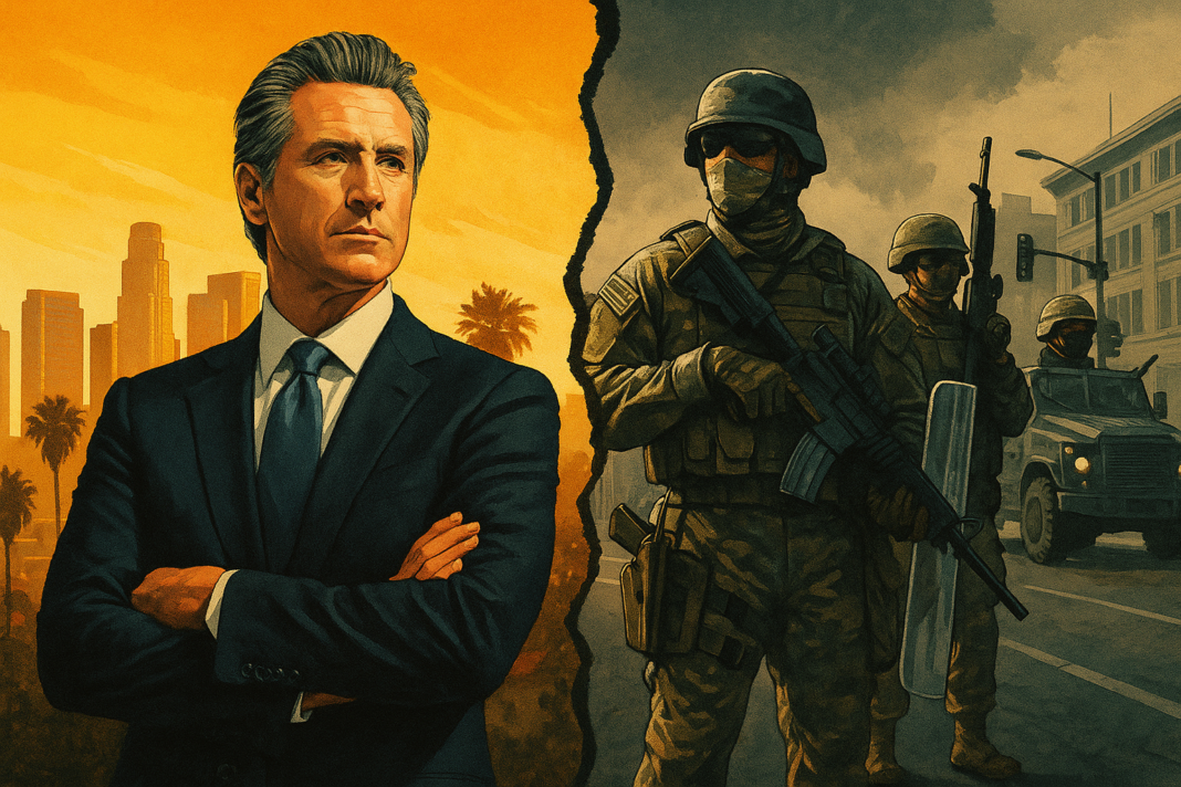 California Governor Gavin Newsom stands calmly in a golden skyline while armed soldiers and military vehicles dominate a dark, stormy street beside him.