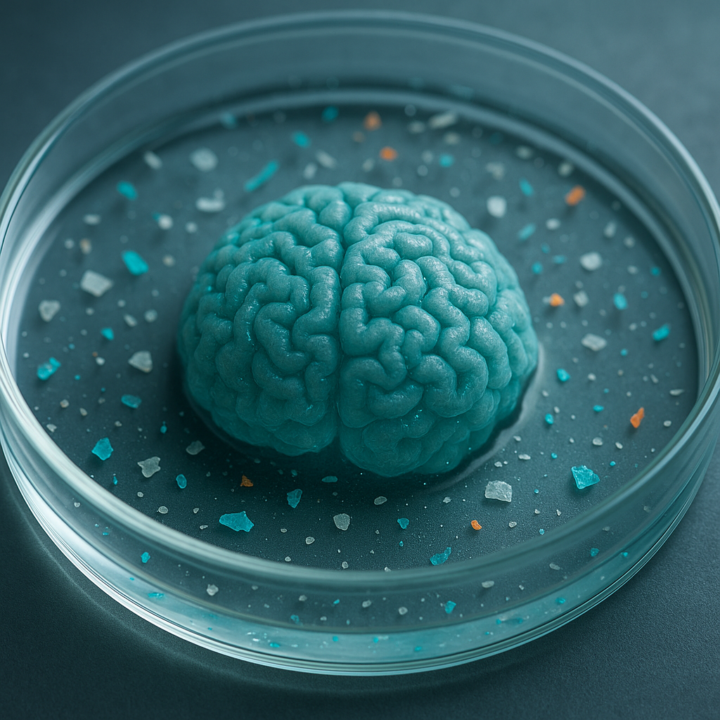A lab-grown human brain organoid in a petri dish surrounded by colorful microplastic particles.