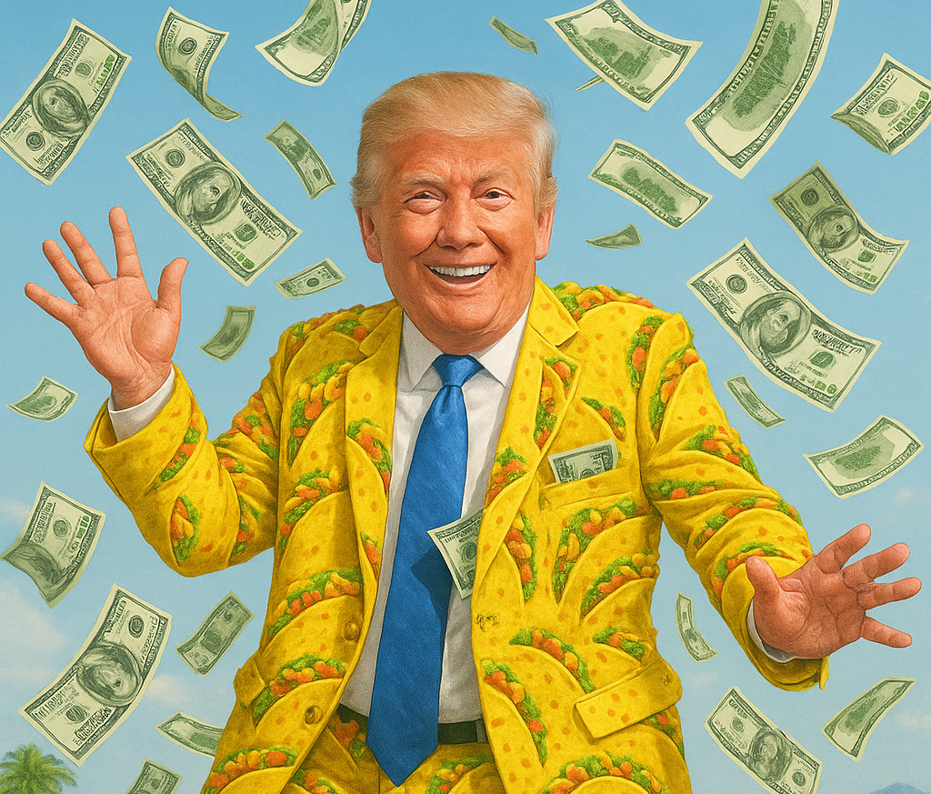 Satirical illustration of Donald Trump in a taco-patterned yellow suit with dollar bills flying around him on a golf course