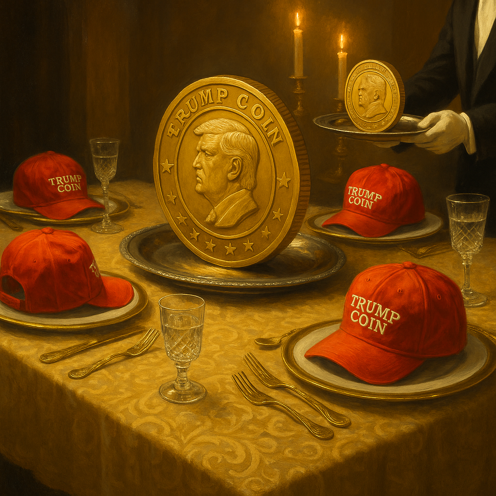 A surreal, gilded dinner table with red MAGA hats as place settings and oversized gold Trump Coins served on fine china under chandelier light.