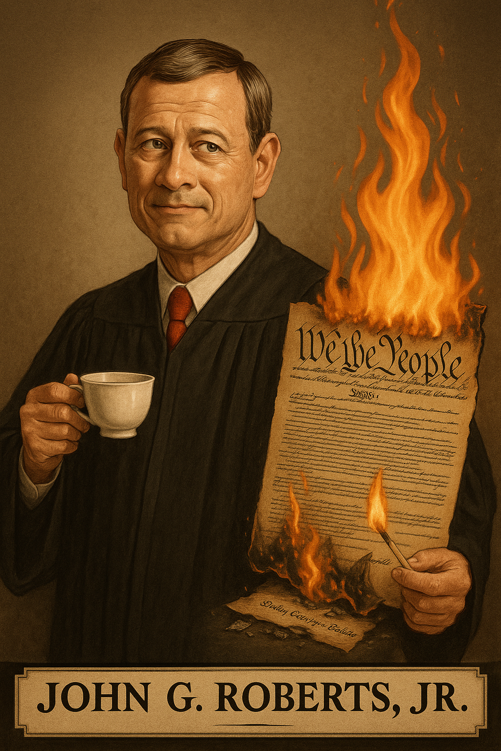 Realistic digital illustration of Chief Justice John G. Roberts, Jr., seated calmly in a high-backed judicial chair, surrounded by shadows shaped like court rulings and shredded voting rights forms.