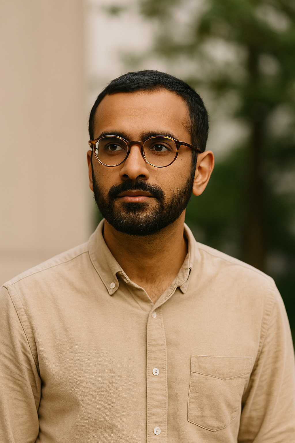 A South Asian man with a trimmed beard, wearing a dark jacket, stands confidently against a neutral background.