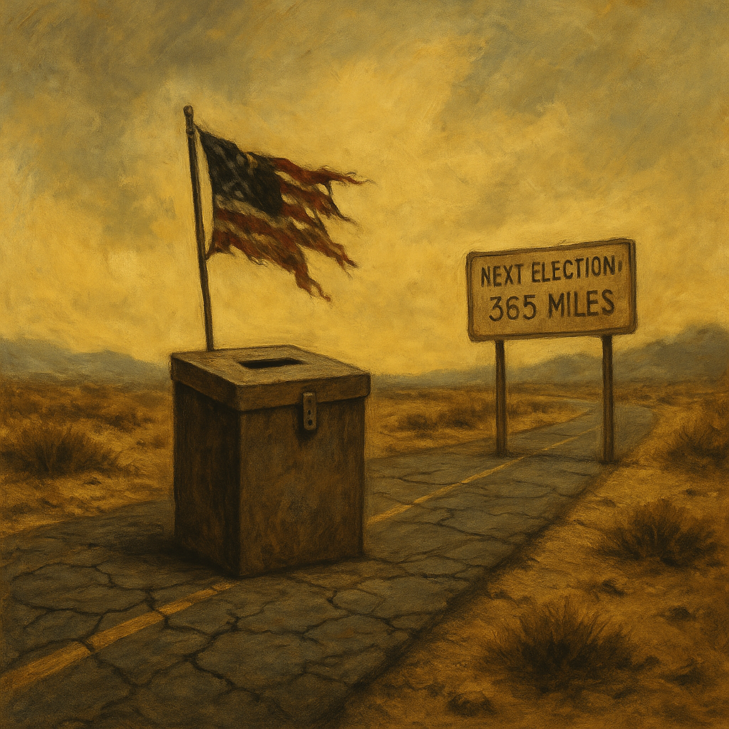 A weathered ballot box with an American flag stands alone on a cracked desert highway beneath a yellow-gray sky, next to a faded road sign that reads “Next Election: 365 Miles.” The landscape feels empty and post-apocalyptic.