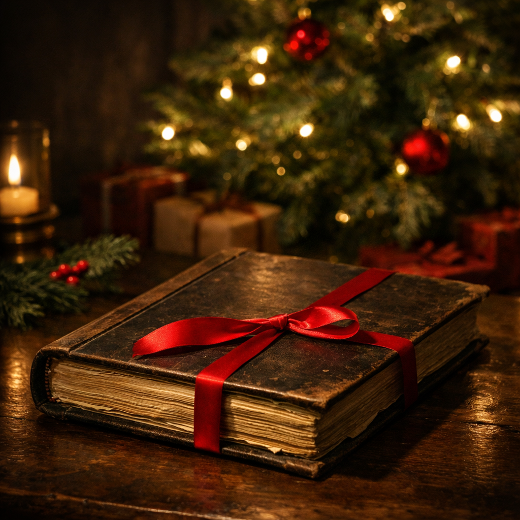 A worn leather ledger bound with a red ribbon rests on a wooden table, with a softly lit Christmas tree blurred in the background.